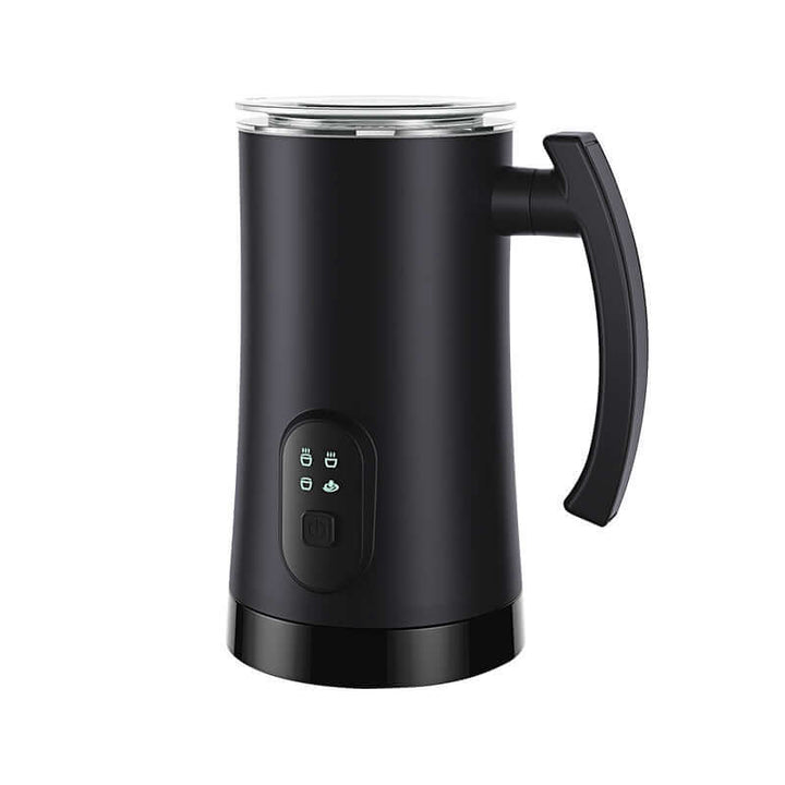 Automatic Stainless Steel Electric Milk Frother for hot and cold beverages, ideal for lattes and cappuccinos, in sleek black design.