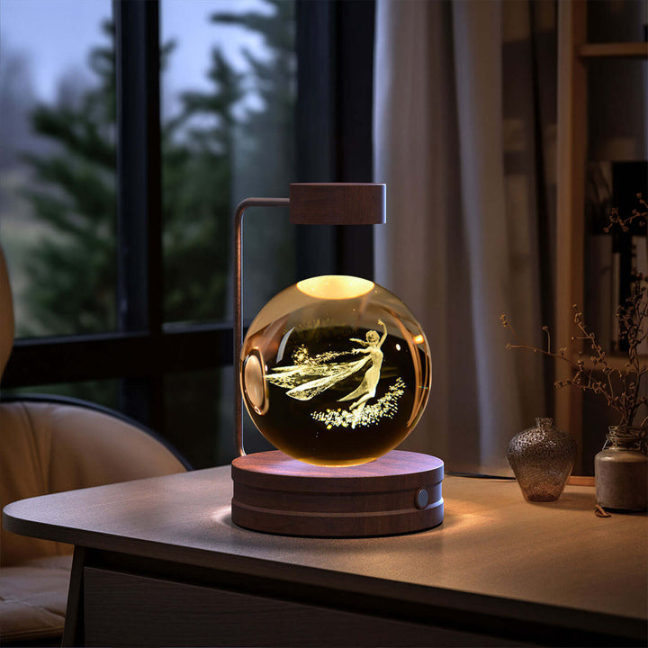 Crystal Ball Night Light with 3D dinosaur pattern, USB-powered, on a desk, ideal for cozy, romantic spaces and Japandi style decor.