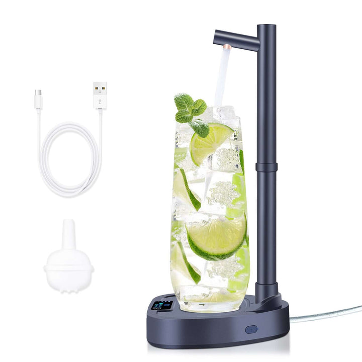 Automatic water dispenser with rechargeable battery and stand, featuring a glass of lime water and USB charging cable.