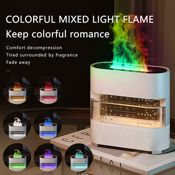 Rain Cloud Fire Humidifier with colorful flame, ideal for cozy ambiance and relaxation, featuring a unique rain and fire design.