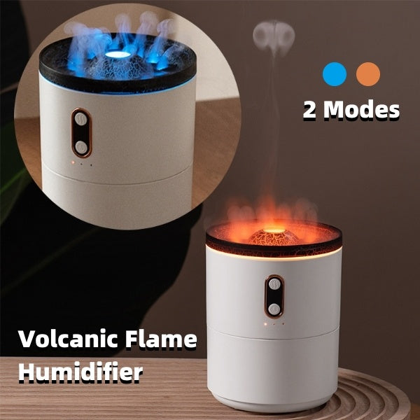 Volcanic Flame Aroma Diffuser with dual modes in jellyfish-inspired design featuring blue and orange lighting on a wooden surface.