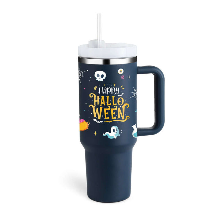 40 oz Halloween themed insulated tumbler with handle and straw for hot and cold beverages, featuring ghost and spider web design.