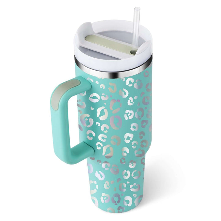 Aqua patterned 40 oz insulated stainless steel tumbler with handle and straw.