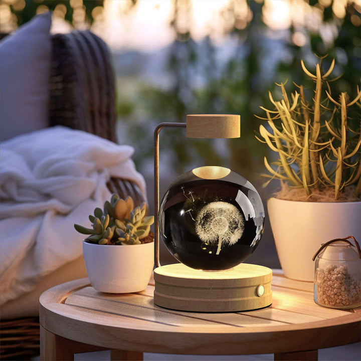 Crystal Ball Night Light on wooden table with plants; 3D dinosaur design and warm LED glow; perfect for cozy and stylish interiors