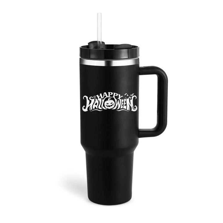 Black 40 oz Halloween tumbler with handle and straw, insulated spill-proof stainless steel coffee cup for garden and home decor enthusiasts.