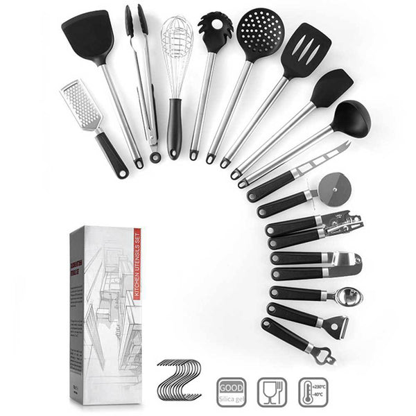 Kitchen silicone spatula and spoon set with heat-resistant cooking tools, shown alongside packaging box.