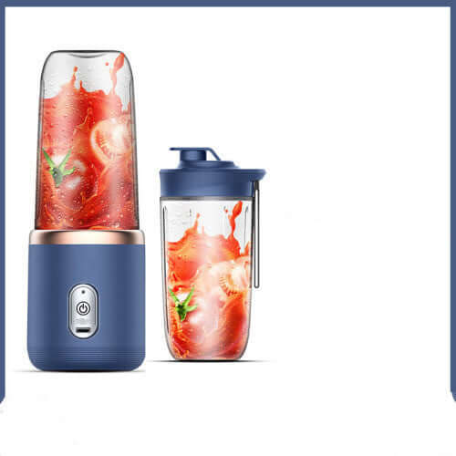 6-Blade Portable Blender with USB charging, perfect for smoothies and juices on the go. Includes travel bottle in stylish blue finish.