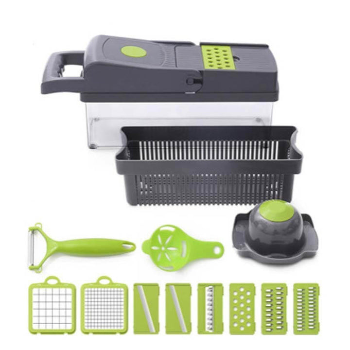 Multifunctional stainless steel vegetable cutter with interchangeable blades for diverse kitchen tasks.