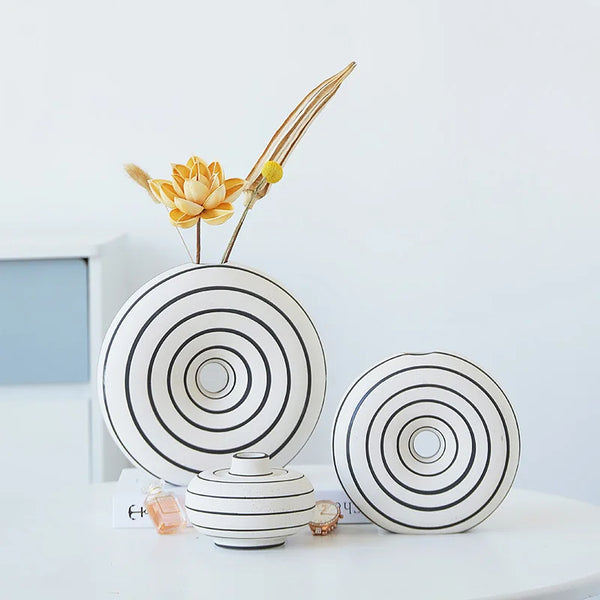 Elegant striped vase set for biophilic design, perfect for Japandi style and cozy living room decor accents.