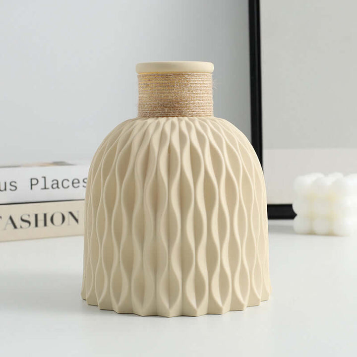 Textured beige plastic vase for modern home decor, Japandi style accent, suitable for events, with eco-friendly design features.