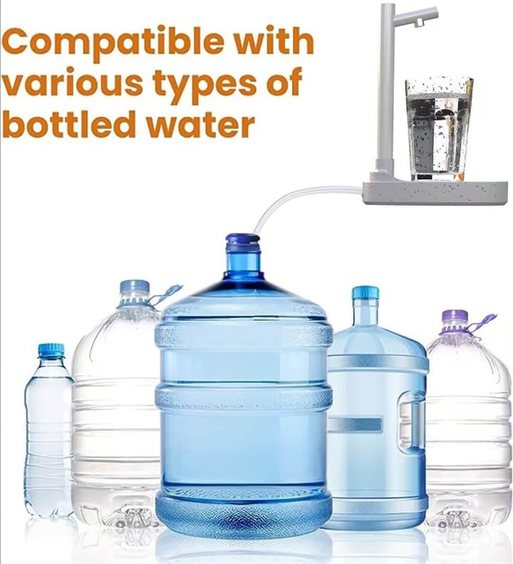 Automatic water dispenser with stand shown with various bottled water types, highlighting compatibility and convenience.