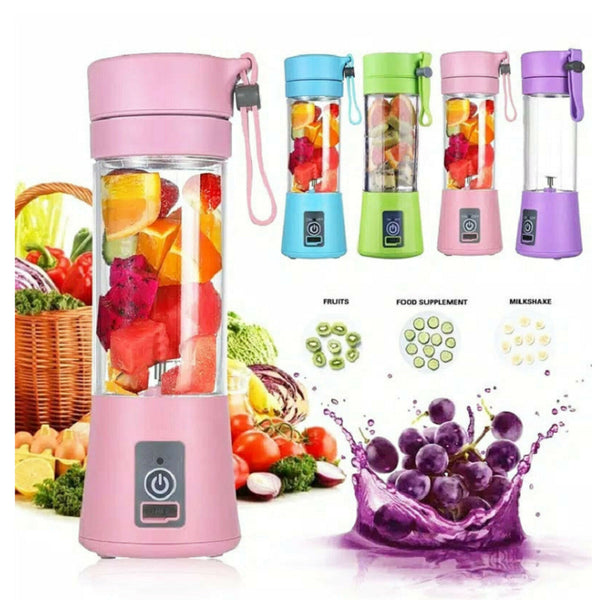 Portable USB blender for smoothies, featuring compact design, pastel colors, and fruit-filled cups, perfect for travel and home use.