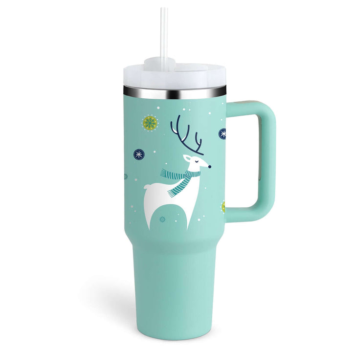 40 oz insulated stainless steel tumbler with handle and straw, festive reindeer design, spill-proof lid for hot or cold beverages.