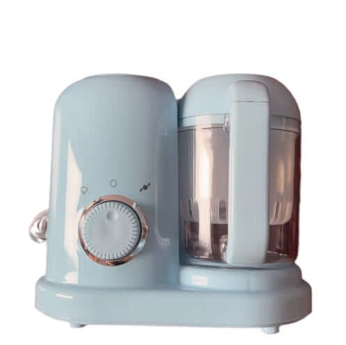 Light blue baby food processor with steamer and blender functionality for homemade baby meals.