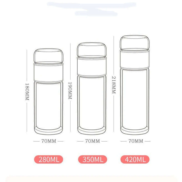 Dimensions of glass tea infuser bottles in 280ml, 350ml, 420ml sizes with built-in filter.