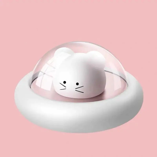 Cute UFO night light with alien mouse design on pink background, ideal for kids' bedrooms with dimmable LED and USB port.