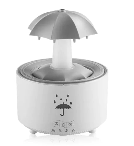 Rotating Aroma Humidifier with umbrella design, combines ultrasonic essential oil diffusion and humidification with a sleek, modern look.