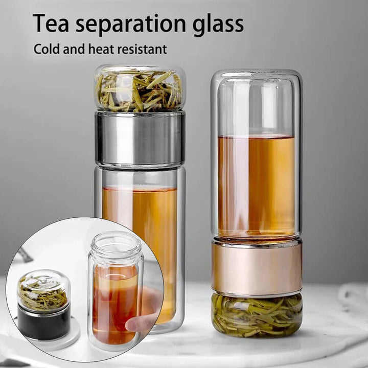Glass tea infuser bottle with built-in stainless-steel filter and double-layer design for keeping tea hot and hands cool.
