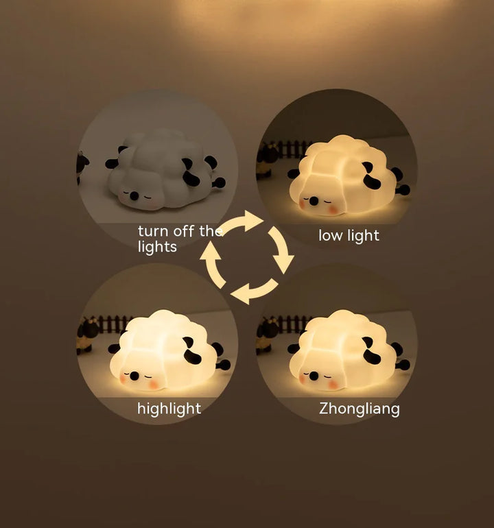 Sheep silicone night light showing different brightness levels: off, low, highlight, and zhongliang settings for kids' room lighting.